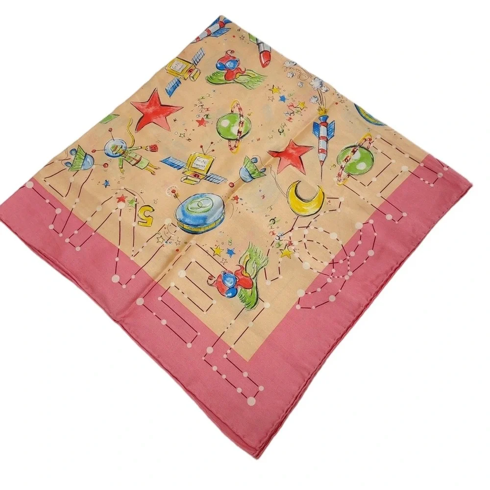 Chanel Pink Whimsical Celestial Stars Moon Planet Silk Scarf